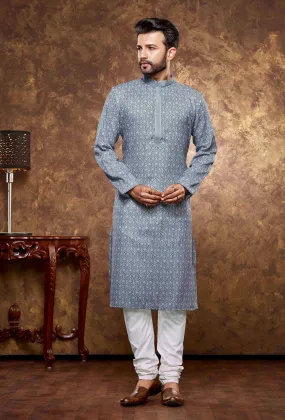 Stunning Light Blue Color Poly Cotton With Digital Printed Kurta Set With Pajama Pant For Men