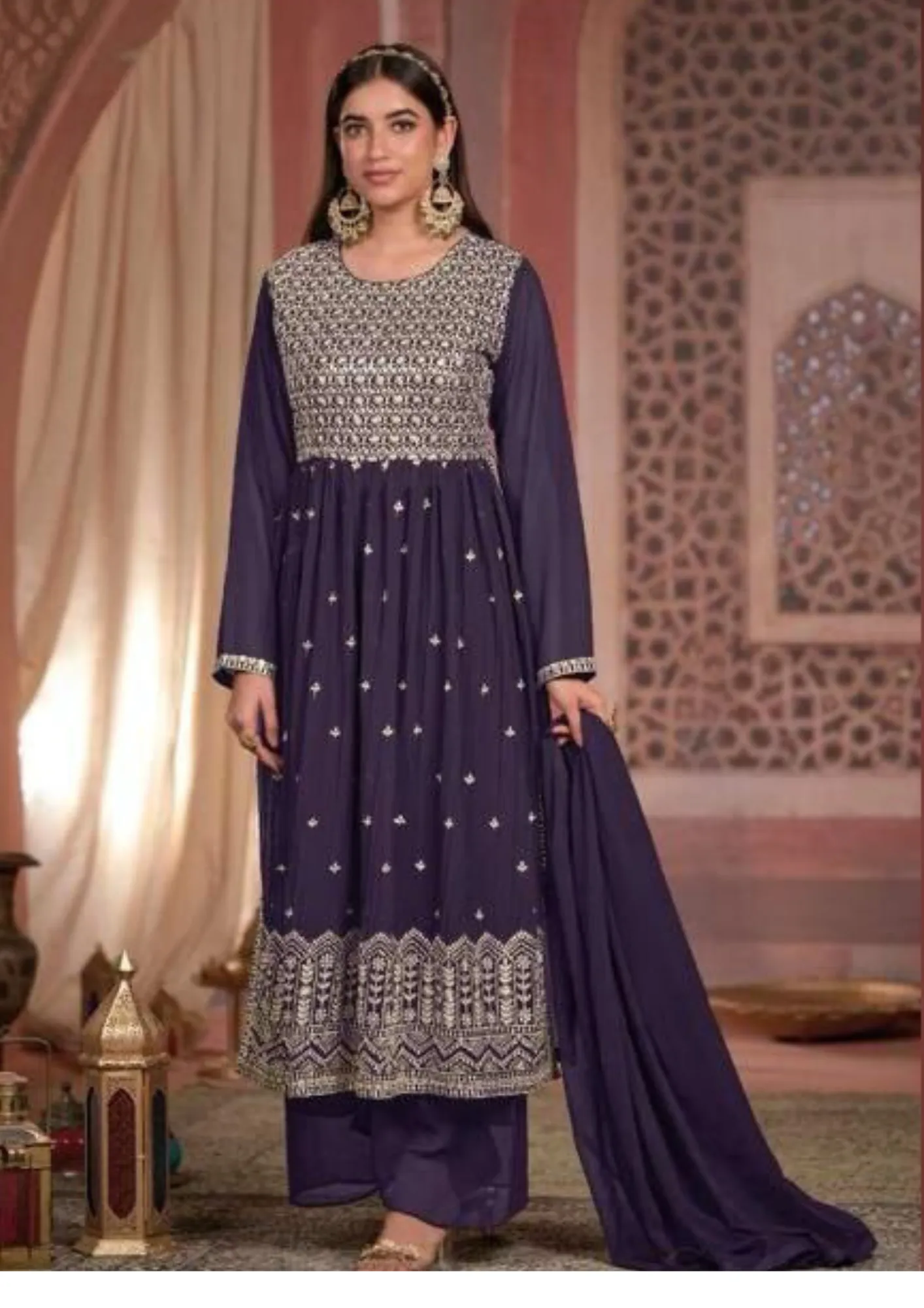 Violet Georgette Embroidered Party-Wear Designer Palazzo Suits For Women