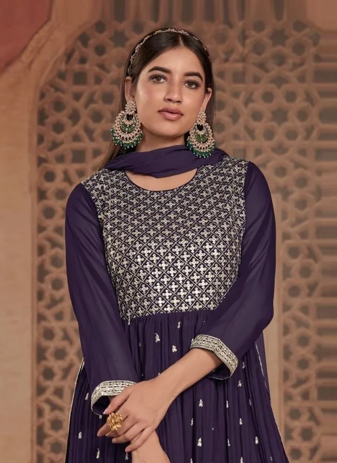 Violet Georgette Embroidered Party-Wear Designer Palazzo Suits For Women