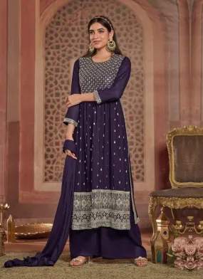 Violet Georgette Embroidered Party-Wear Designer Palazzo Suits For Women