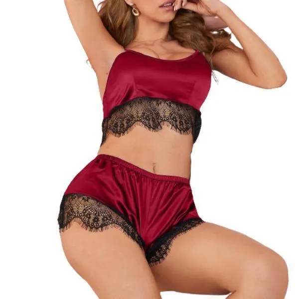 Women Fancy Lace Silk Print Camisole Shorts Bow Set Sleepwear