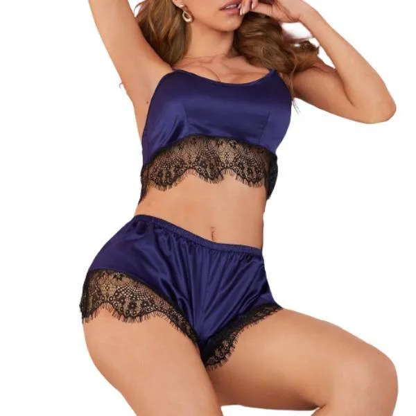 Women Fancy Lace Silk Print Camisole Shorts Bow Set Sleepwear