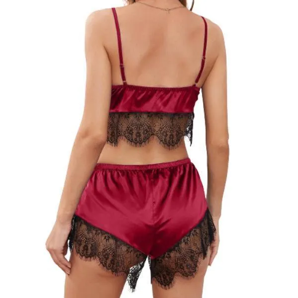 Women Fancy Lace Silk Print Camisole Shorts Bow Set Sleepwear