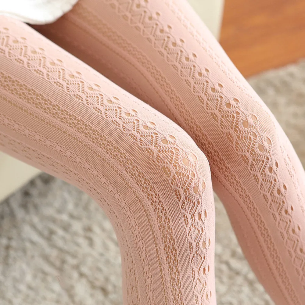 Women Nylon Lolita Lace Jacquard Hollow Breathable Thin Pantyhose Stockings