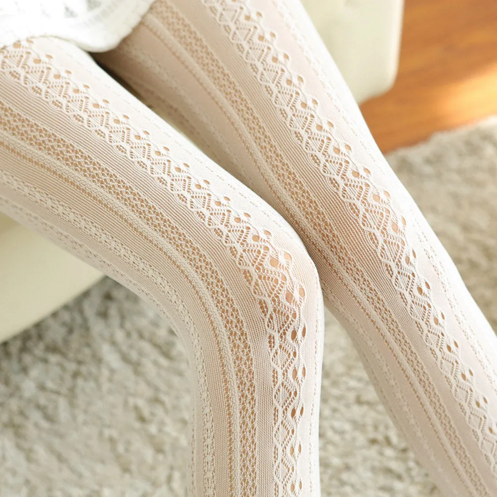 Women Nylon Lolita Lace Jacquard Hollow Breathable Thin Pantyhose Stockings