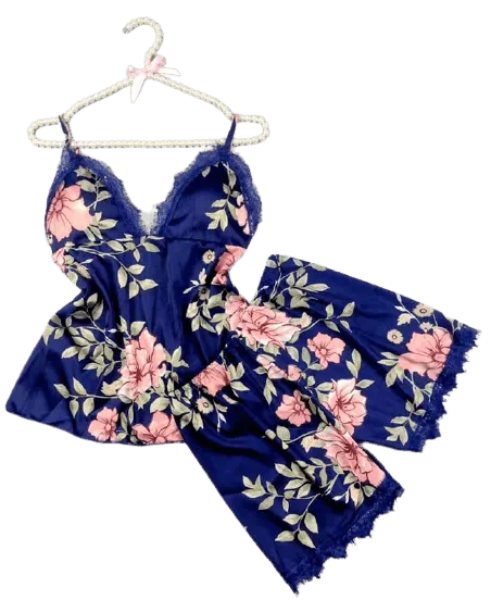 Women Silk Print Camisole Shorts Bow Set Sleepwear For Women