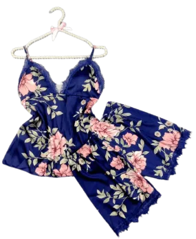 Women Silk Print Camisole Shorts Bow Set Sleepwear For Women