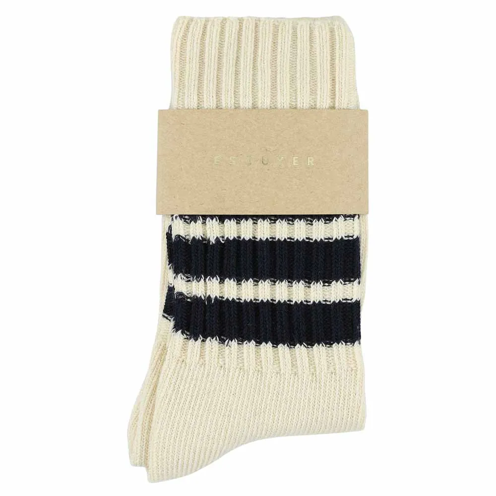 Women Stripes Crew Socks - Ecru / Blue